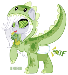 Size: 4500x4963 | Tagged: safe, artist:jennieoo, oc, oc only, oc:fossil fluster, earth pony, pony, g4, animal costume, animal onesie, butt flap, clothes, costume, diaper, diaper fetish, dinosaur costume, dinosaur toy, fetish, kigurumi, mental regression, mind control, non-baby in diaper, onesie, plushie, show accurate, swirly eyes