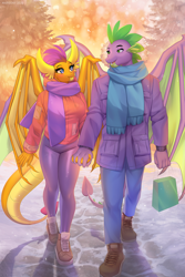 Size: 1000x1500 | Tagged: safe, artist:margony, smolder, spike, dragon, anthro, plantigrade anthro, g4, blue eyes, breasts, busty smolder, clothes, date, dragoness, female, green eyes, holding hands, leggings, looking at each other, male, open mouth, scarf, ship:spolder, shipping, smiling, straight, tail, walking, wings