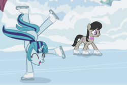Size: 1470x980 | Tagged: artist needed, source needed, safe, artist:jadeharmony, edit, edited screencap, screencap, octavia melody, sonata dusk, earth pony, pony, unicorn, g4, winter wrap up, athletic, character swap, cute, date, duo, duo female, equestria girls ponified, eyes closed, fanfic art, female, ice skating, mare, open mouth, open smile, ponified, shipping fuel, smiling, snow, sonatabetes, sontavia, tavibetes