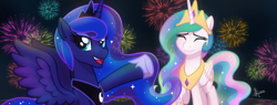 Size: 1656x631 | Tagged: safe, artist:whitequartztheartist, princess celestia, princess luna, alicorn, pony, g4, commission, female, new year, siblings, sisters
