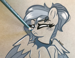 Size: 3383x2637 | Tagged: safe, artist:emberslament, oc, oc only, pegasus, pony, blushing, boop, clothes, colored pencil drawing, colored pencils, eyes closed, female, grumpy, high res, mare, monochrome, pencil boop, photo, ponytail, scarf, scrunchy face, solo, traditional art