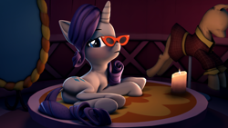 Size: 3840x2160 | Tagged: safe, artist:psfmer, rarity, pony, unicorn, g4, 3d, bedroom eyes, blushing, butt, candle, carousel boutique, dock, glasses, high res, looking at you, looking back, looking back at you, lying down, mannequin, mirror, on side, open mouth, platform, plot, rarity's glasses, rearity, revamped ponies, source filmmaker, underhoof