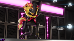 Size: 3840x2160 | Tagged: safe, artist:shadowboltsfm, sunset shimmer, anthro, plantigrade anthro, g4, 3d, 4k, blender, boots, breasts, clothes, cute, electric guitar, eyes closed, grin, guitar, heavy metal, high heel boots, high heels, high res, musical instrument, not sfm, rock (music), rocking, shoes, smiling, spotlight, stage, sunset shredder