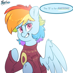 Size: 2000x2000 | Tagged: safe, artist:fluffyxai, rainbow dash, pegasus, pony, g4, alternate hairstyle, christmas sweater, clothes, high res, smiling, smirk, speech bubble, spread wings, sweater, text, wings