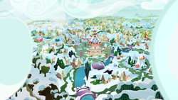 Size: 1280x720 | Tagged: safe, screencap, g4, my little pony best gift ever, background, cloud, no pony, ponyville, scenic ponyville, snow, winter