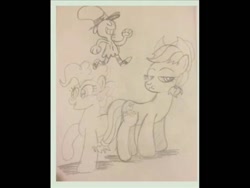 Size: 960x720 | Tagged: artist needed, source needed, safe, applejack, pinkie pie, g4, crossover, monochrome, traditional art, trio, wander (wander over yonder), wander over yonder