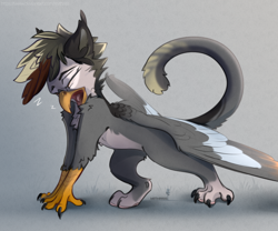 Size: 3000x2500 | Tagged: safe, artist:mithriss, oc, oc only, griffon, chest fluff, eyes closed, griffon oc, high res, open mouth, solo, spread wings, wings, yawn