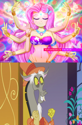 Size: 1280x1956 | Tagged: safe, artist:the-butch-x, edit, edited screencap, screencap, discord, fluttershy, equestria girls, g4, make new friends but keep discord, accessory, bandeau, bare shoulders, belly button, blushing, bracelet, breasts, buddhism, busty fluttershy, cleavage, clothes, double peace sign, excited, eyes closed, female, geode of fauna, goddess, hat, hinduism, jewelry, magical geodes, male, midriff, multiple arms, peace sign, psychedelic, ship:discoshy, shipping, shipping domino, sleeveless, smiling, straight, strapless, suit, third eye, top hat, vishnu