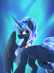 Size: 1480x2000 | Tagged: safe, artist:evedizzy26, idw, princess luna, alicorn, pony, g4, reflections, spoiler:comic, abstract background, artemis luna, female, lidded eyes, looking at you, mare, mirror universe, smiling, solo, spread wings, tail wrap, wings