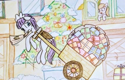 Size: 2048x1311 | Tagged: safe, gameloft, photographer:pakapaka1993, tote bag (g4), oc, earth pony, pony, g4, background pony, cart, christmas, christmas tree, clothes, female, holiday, maid, maid headdress, mare, mouth hold, present, traditional art, tree