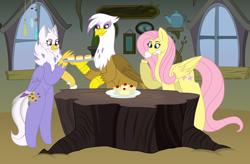 Size: 6000x3936 | Tagged: safe, artist:calibykitty, fluttershy, gilda, oc, oc:gerbera, classical hippogriff, hippogriff, pegasus, pony, g4, absurd resolution, baking, colored pupils, colored wings, cooking, feather, female, folded wings, gift art, griffon scone, griffonstone, hippogriff oc, icing bag, long mane, long tail, mare, plate, scone, tray, wings