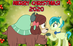 Size: 2064x1289 | Tagged: safe, anonymous artist, artist:andoanimalia, sandbar, yona, earth pony, pony, yak, g4, bow, bowtie, chestnuts roasting on an open fire, christmas, cloven hooves, female, friendship, hair bow, happy hearth's warming, hearth's warming, holiday, implied yonabar, looking at each other, lyrics in the description, male, merry christmas, monkey swings, song in the description, the christmas song, youtube link in the description