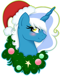 Size: 1280x1579 | Tagged: safe, artist:princessdawnheart, oc, oc:fleurbelle, pony, adorabelle, bauble, blushing, bust, christmas, cute, hat, holiday, santa hat, simple background, solo, stars, transparent background, wreath, yellow eyes