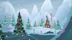 Size: 1280x720 | Tagged: safe, screencap, g4, my little pony best gift ever, background, cabin, christmas, christmas tree, holiday, no pony, scenic ponyville, snow, snowfall, tree