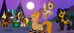 Size: 2000x900 | Tagged: safe, artist:bloodysticktape, oc, oc only, bat, earth pony, pegasus, pony, unicorn, apple bobbing, black sclera, clothes, commission, group photo, halloween, holiday, moon, mouth hold, night, socks, striped socks