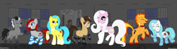 Size: 5000x1400 | Tagged: safe, artist:bloodysticktape, oc, oc only, oc:hyo, earth pony, pony, unicorn, ;p, clothes, commission, dance party, group photo, one eye closed, smiling, socks, striped socks, tongue out