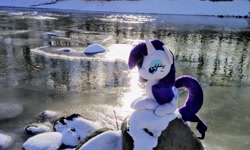 Size: 2048x1232 | Tagged: artist needed, safe, photographer:pakapaka1993, rarity, pony, g4, irl, photo, plushie, snow, solo, water