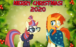 Size: 2064x1289 | Tagged: safe, anonymous artist, moondancer, sunburst, pony, unicorn, g4, blushing, christmas, female, happy hearth's warming, hearth's warming, holiday, let it snow, looking at each other, lyrics in the description, male, merry christmas, shipping, straight, sundancer, youtube link in the description
