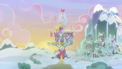 Size: 1280x720 | Tagged: safe, screencap, g4, my little pony best gift ever, background, hearth's warming, no pony, ponyville, scenic ponyville, school of friendship, snow, sunset, twilight's castle, winter