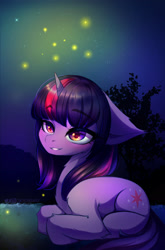 Size: 2000x3032 | Tagged: safe, artist:shavurrr, twilight sparkle, firefly (insect), insect, pony, unicorn, g4, cute, female, floppy ears, high res, ponyloaf, sitting, smiling, solo, twiabetes, unicorn twilight