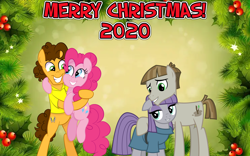 Size: 2064x1289 | Tagged: safe, anonymous artist, cheese sandwich, maud pie, mudbriar, pinkie pie, earth pony, pony, g4, brothers-in-law, christmas, female, happy hearth's warming, hearth's warming, holiday, hug, husband and wife, lyrics in the description, male, merry christmas, pinkie's present, ship:cheesepie, ship:maudbriar, shipping, siblings, sisters, smiling, straight, when he smiles, when she smiles, youtube link in the description