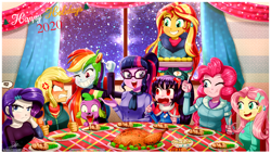 Size: 2160x1220 | Tagged: safe, artist:the-butch-x, applejack, fluttershy, pinkie pie, rainbow dash, rarity, sci-twi, spike, spike the regular dog, sunset shimmer, twilight sparkle, oc, oc:cassey, bird, dog, turkey, equestria girls, equestria girls specials, g4, my little pony equestria girls: better together, my little pony equestria girls: holidays unwrapped, angry, applejack is not amused, christmas, clothes, cooked, cross-popping veins, dinner, dinner table, drool, eating, female, food, fork, grin, gritted teeth, holiday, humane five, humane seven, humane six, knife, meat, one eye closed, open mouth, plate, pouting, rainbow douche, rarity is not amused, scarf, smiling, sweat, sweatdrop, this will end in angry countryisms, unamused, wink, winter outfit