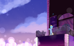 Size: 3840x2400 | Tagged: safe, artist:skydreams, oc, oc only, oc:skydreams, pony, unicorn, balcony, blue rose, city, cityscape, female, flower, high res, it's over isn't it, mare, rose, singing, solo, stars, steven universe