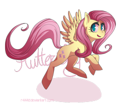 Size: 970x800 | Tagged: safe, artist:magerine, fluttershy, pegasus, pony, g4, cute, female, looking at you, mare, midair, name, open mouth, shyabetes, simple background, smiling, solo, spread wings, three quarter view, transparent background, wings