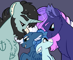 Size: 2800x2300 | Tagged: safe, artist:loryska, night glider, party favor, oc, oc:scraps, oc:violet sunshine, bat pony, pony, unicorn, g4, beard, brother and sister, facial hair, family, father, female, headcanon, high res, male, mare, mother, parent, siblings, stallion, tattoo
