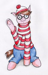 Size: 1668x2599 | Tagged: safe, artist:40kponyguy, derpibooru exclusive, earth pony, pony, derpibooru community collaboration, clothes, ear fluff, glasses, hat, looking at you, ponified, raised hoof, simple background, sitting, solo, traditional art, underhoof, waldo, where's waldo