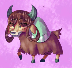 Size: 1153x1082 | Tagged: safe, artist:doodally-doodles, yona, yak, g4, eyebrows, eyebrows visible through hair, female, monkey swings, pink background, raised hoof, simple background, smiling, solo
