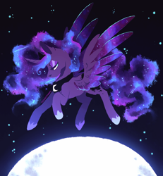 Size: 1024x1110 | Tagged: safe, artist:polkadot-creeper, princess luna, alicorn, pony, g4, ethereal mane, ethereal tail, female, lidded eyes, mare, moon, signature, solo, spread wings, stars, wings