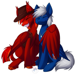 Size: 2820x2725 | Tagged: safe, artist:scarlet-spectrum, oc, oc only, oc:lance longmane, oc:trade wind, oc:ward, pegasus, pony, 2021 community collab, derpibooru community collaboration, best friends, blaze (coat marking), blue coat, buddies, clothes, coat markings, cutie mark, duo, ear fluff, facial markings, fallout equestria oc, fangs, feather, grin, hat, high res, hooves, hug, jacket, jewelry, leather jacket, male, messy mane, necklace, paws, pawsies, red coat, simple background, smiling, stallion, striped mane, transparent background, tufts, unshorn fetlocks, white mane, white tail, winghug, wings