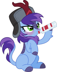 Size: 3615x4500 | Tagged: safe, artist:limedazzle, oc, oc only, oc:cher nobyl, kirin, 2021 community collab, derpibooru community collaboration, alcohol, blushing, drinking, drunk, hat, hoof hold, kirin-ified, show accurate, simple background, solo, species swap, transparent background, ushanka, vodka