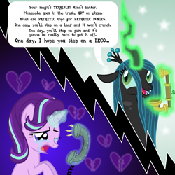 Size: 6969x6969 | Tagged: safe, artist:kmlp, derpibooru exclusive, queen chrysalis, starlight glimmer, changeling, changeling queen, pony, unicorn, g4, absurd resolution, abuse, chrysalis sure does hate starlight, crying, dialogue, female, glimmerbuse, levitation, magic, mean, open mouth, phone, sad, smiling, starlight vs chrysalis, telekinesis, verbal abuse
