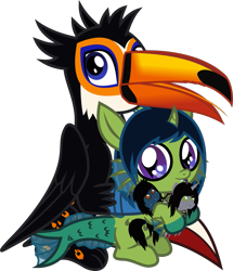 Size: 1089x1264 | Tagged: safe, artist:lightningbolt, derpibooru exclusive, oc, oc only, oc:demon hellspawn, oc:tristão, bird, griffon, half-siren, hybrid, pony, toco toucan, toucan, toucan griffon, 2021 community collab, derpibooru community collaboration, g4, baby, beak, colored hooves, colt, curved horn, duo, duo male, fangs, feather, fins, fish tail, folded wings, gay, hair over one eye, happy, hoof hold, horn, jewelry, leviathan cross, looking at you, magical gay spawn, male, necklace, offspring, open beak, open mouth, paws, plushie, pointy ponies, scales, shipping, show accurate, simple background, sitting, slit pupils, spots, tail, talons, tongue out, transparent background, wings
