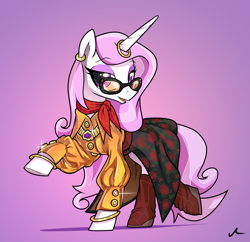 Size: 2250x2176 | Tagged: safe, artist:docwario, fleur-de-lis, pony, unicorn, g4, clothes, commission, glasses, high res, horn, horn ring, jewelry, ring, solo