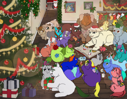 Size: 2500x1950 | Tagged: safe, artist:kerosinecannibal, oc, oc:avocado, oc:beanie, oc:doctor crazystein, oc:nisc, oc:plum, oc:suzy, oc:tumbly, fluffy pony, bunny and foals, christmas, fluffy pony original art, holiday, hugbox, literal sadbox, nisc