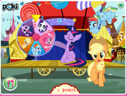 Size: 592x451 | Tagged: safe, applejack, fluttershy, pinkie pie, rainbow dash, rarity, twilight sparkle, g4, art theft, flash game, gift wrapped, looking at you, mane six, rainbow blitz, raised hoof, rule 63, stage, wheel