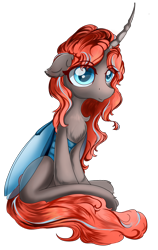 Size: 1908x3017 | Tagged: safe, artist:eris azure, oc, oc only, oc:staurora glitter, changeling, 2021 community collab, derpibooru, derpibooru community collaboration, 2021, blue eyes, female, fluffy, fluffy changeling, holeless, horn, looking at you, meta, red mane, simple background, sitting, solo, transparent background, wings
