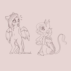 Size: 3500x3500 | Tagged: safe, artist:miokomata, fluttershy, oc, pegasus, pony, semi-anthro, g4, arm hooves, bipedal, chest fluff, duo, female, freckles, freckleshy, high res, looking at each other, mare