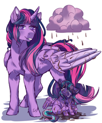 Size: 2000x2400 | Tagged: safe, artist:ponipoke, twilight sparkle, oc, alicorn, pony, g4, alicorn oc, chocolate, chocolate rain, crying, female, filly, food, high res, horn, magical lesbian spawn, mare, mother and child, mother and daughter, offspring, parent:starlight glimmer, parent:twilight sparkle, parents:twistarlight, pink cloud, rain, simple background, twilight sparkle (alicorn), white background, wings