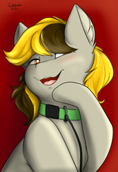 Size: 1575x2296 | Tagged: safe, artist:flashnoteart, oc, oc:alexis arrows, earth pony, pony, blushing, bust, collar, colored, commission, female, leash, mare, portrait, red background, simple background, smiling
