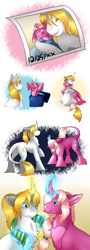 Size: 1800x5000 | Tagged: safe, artist:nobleclay, prince blueblood, oc, oc:cupid, classical unicorn, pony, unicorn, g4, baby, baby pony, clothes, cloven hooves, colt, father and child, father and son, horn, leonine tail, magic, magical gay spawn, male, offspring, parent:big macintosh, parent:prince blueblood, parents:bluemac, scarf, unshorn fetlocks