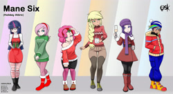 Size: 4168x2272 | Tagged: safe, alternate version, artist:oldskullkid, part of a set, applejack, fluttershy, pinkie pie, rainbow dash, rarity, twilight sparkle, human, g4, alcohol, alternate hairstyle, boots, champagne, champagne glass, christmas, christmas outfit, clothes, cute, female, gift wrapped, glasses, holiday, holly, holly mistaken for mistletoe, humanized, i can't believe it's not sci-twi, leggings, line-up, looking at you, mistleholly, mug, present, scarf, shoes, shyabetes, socks, striped socks, sweater, sweatershy, turtleneck, twilight sparkle (alicorn), twilight's professional glasses, wine, winter outfit