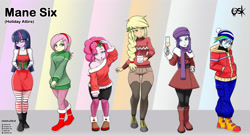 Size: 4168x2272 | Tagged: safe, artist:oldskullkid, part of a set, applejack, fluttershy, pinkie pie, rainbow dash, rarity, twilight sparkle, equestria girls, g4, alcohol, alternate hairstyle, boots, champagne, champagne glass, christmas, christmas outfit, clothes, cute, female, gift wrapped, glasses, holiday, holly, holly mistaken for mistletoe, i can't believe it's not sci-twi, leggings, line-up, looking at you, mistleholly, mug, scarf, shoes, shyabetes, socks, striped socks, sweater, sweatershy, turtleneck, twilight sparkle (alicorn), twilight's professional glasses, wine, winter outfit