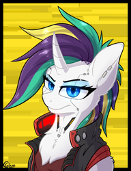 Size: 1615x2102 | Tagged: safe, artist:glue, rarity, cyborg, pony, unicorn, g4, alternate hairstyle, chest fluff, clothed ponies, curved horn, cybernetic eyes, cyberpunk, cyberpunk 2077, horn, looking at you, punk, raripunk