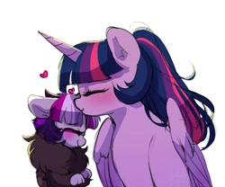 Size: 1061x883 | Tagged: safe, artist:riukime, twilight sparkle, oc, oc:jinx, alicorn, draconequus, hybrid, pony, g4, alternate hairstyle, cute, eyes closed, female, filly, heart, interspecies offspring, kiss on the head, kissing, mama twilight, mare, mother and child, mother and daughter, next generation, offspring, parent:discord, parent:twilight sparkle, parents:discolight, simple background, twilight sparkle (alicorn), white background