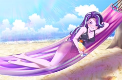 Size: 3830x2523 | Tagged: safe, artist:rileyav, starlight glimmer, equestria girls, beach, blushing, breasts, cleavage, clothes, drink, feet, female, hammock, lying down, one-piece swimsuit, see-through, smiling, smirk, soles, solo, stupid sexy starlight glimmer, swimsuit, toes
