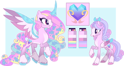 Size: 1280x684 | Tagged: safe, artist:berry-siren, princess cadance, alicorn, pegasus, pony, g4, alternate design, coat markings, concave belly, countershading, crystal horn, cutie mark, folded wings, hoof fluff, horn, pegasus cadance, raised hoof, raised leg, reference sheet, simple background, slender, socks (coat markings), spread wings, standing, thin, transparent background, two toned wings, unshorn fetlocks, wings